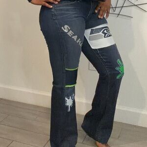 Custom glowing paint splatters Seahawks Dark Blue Flare Jeans